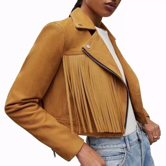 All Saints Tassel Fringe Cropped Genuine Suede Leather Biker Jacket sz 2 US - Picture 2 of 16
